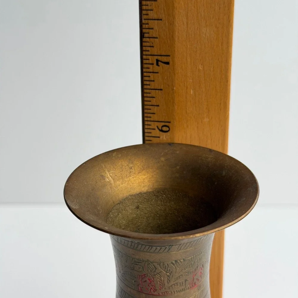 Vintage Etched Brass Vase Gold Red Floral Boho Hand‎ Crafted India Old World